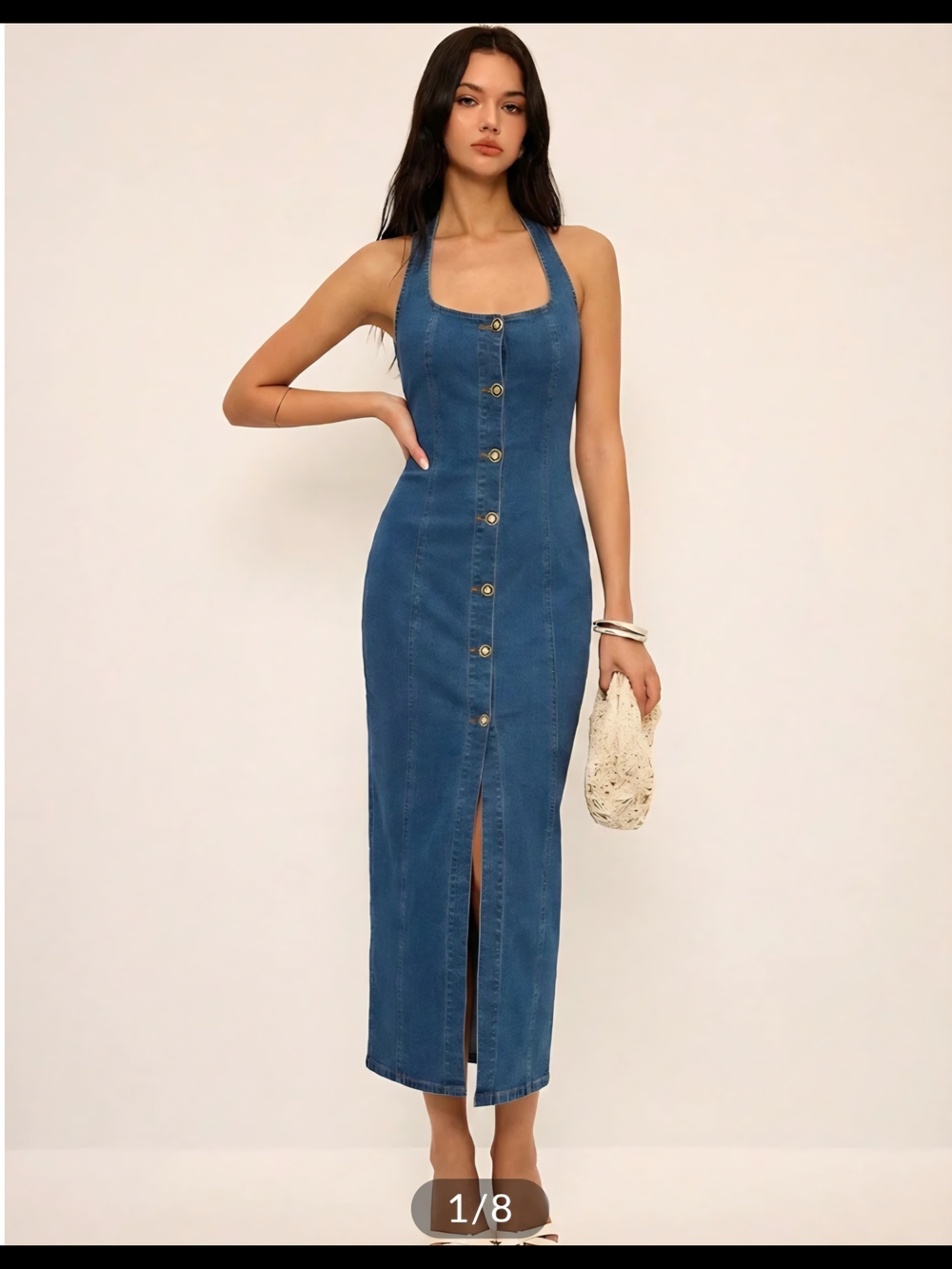 Denim Halter Button Front Maxi Dress.